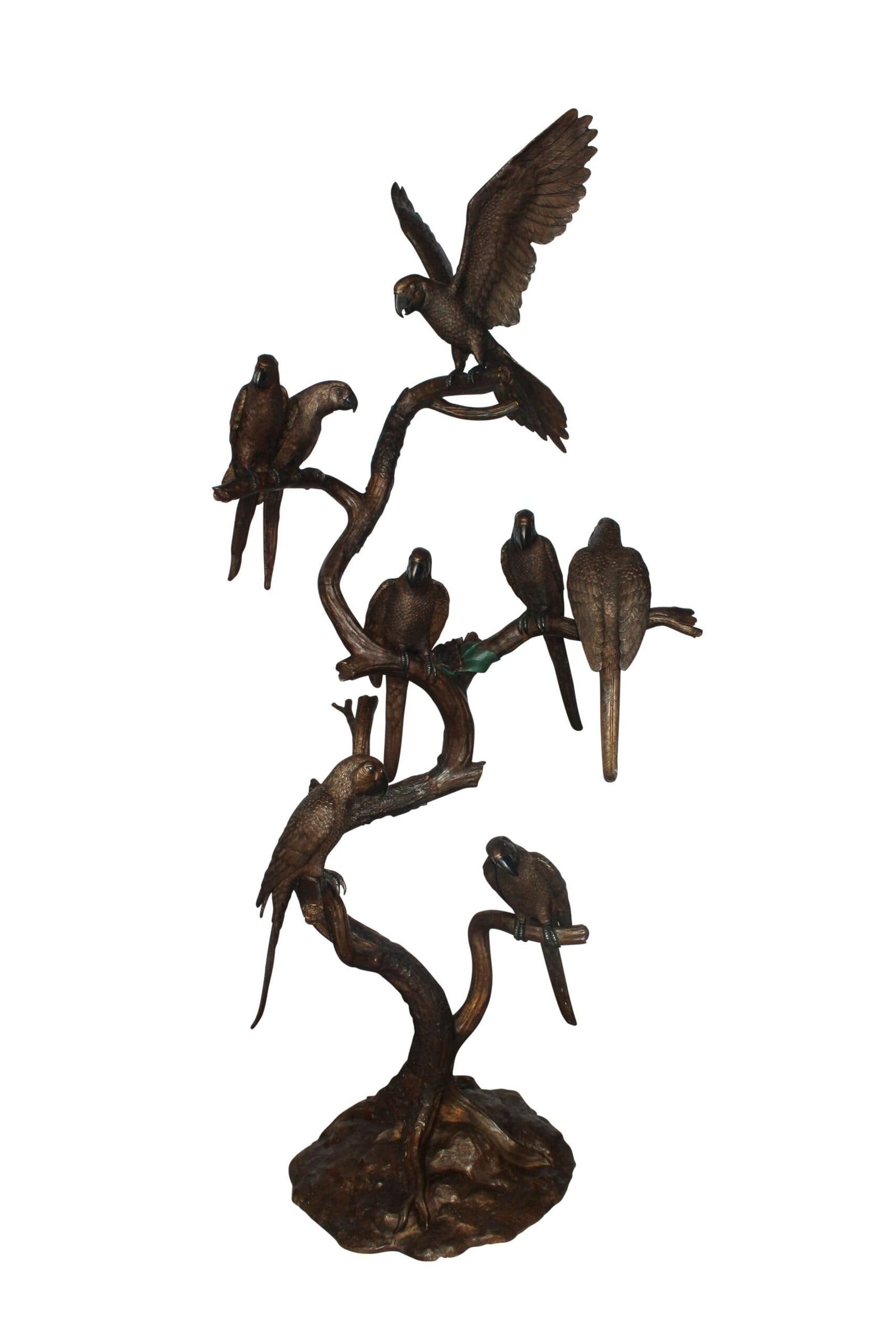 Eight Parrots Standing on a Tree Bronze Statue 33" x 24" x 66"H: Title:Eight Parrots Standing on a Tree Bronze Statue 33" x 24" x 66"H Description:Introducing the Eight Parrots Standing on a Tree Bronze Statue, meticulously handcrafted and casted using traditional