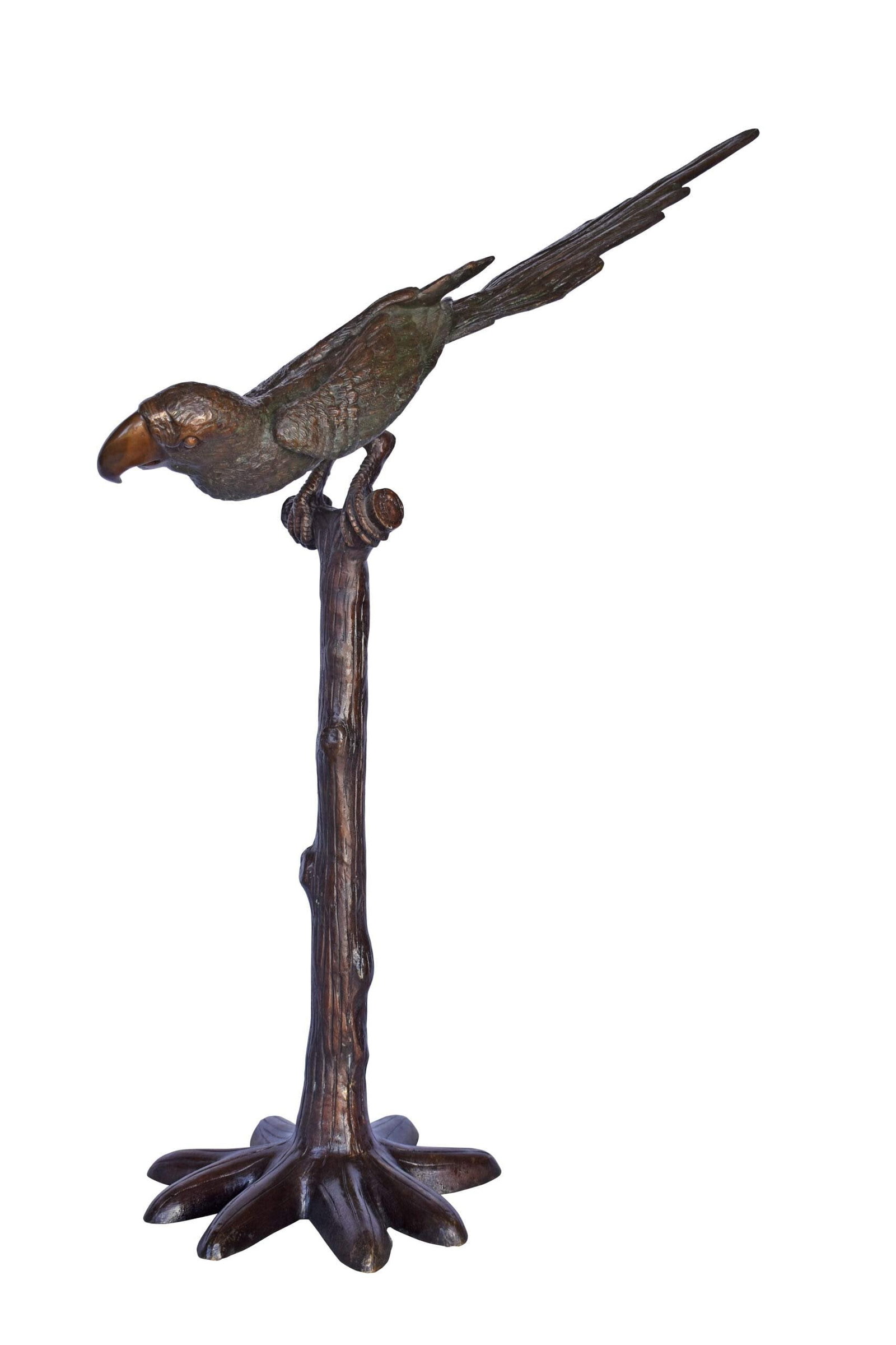 Parrot on a Tree looking Down Bronze Statue - Size: 37"L x 15"W x 47"H.: Title:Parrot on a Tree looking Down Bronze Statue - Size: 37"L x 15"W x 47"H. Description:A life-size parrot made of bronzed metal perched on a tree trunk with bronze patina finish. This