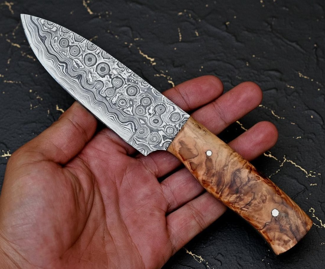 Hand Forged Rain Drop Damascus Steel Skinner Knife with Custom Wood Handle (1 of 5)