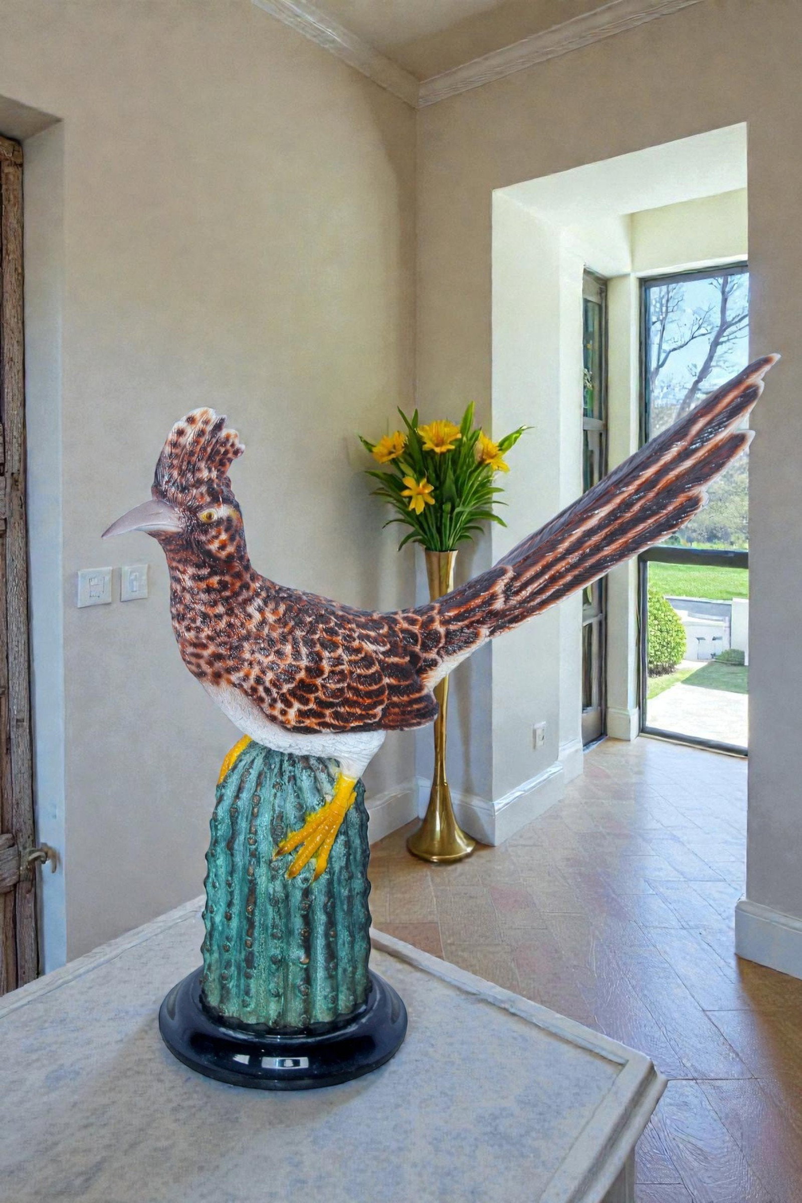 Vibrant Colored Roadrunner Bird Bronze Statue, Wildlife Decor 15" x 5" x 13"H - 3