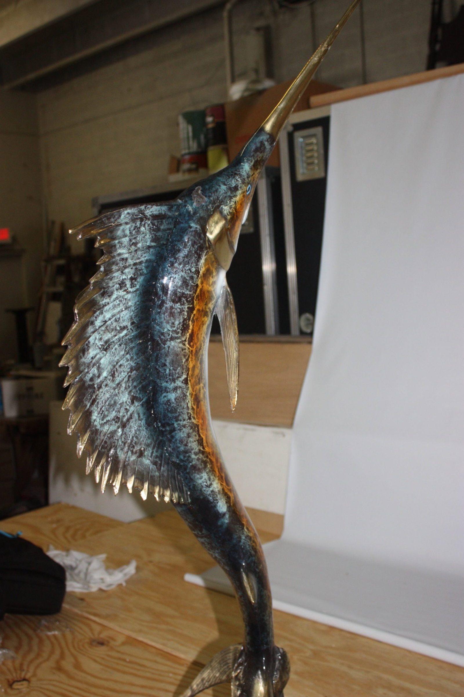 One sailfish on a marble - Bronze Statue - Size: 17"L x 17"W x 46"H. - 11