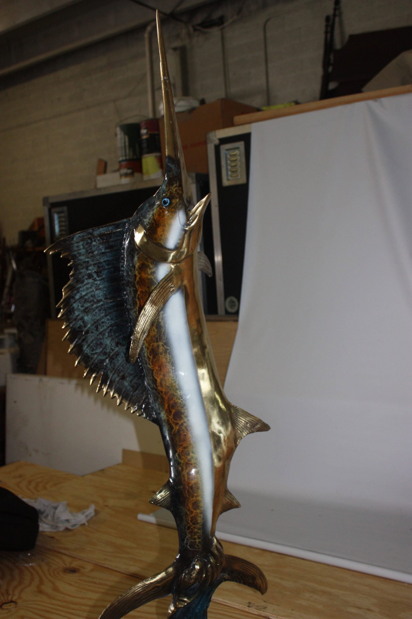 One sailfish on a marble - Bronze Statue - Size: 17"L x 17"W x 46"H. - 13
