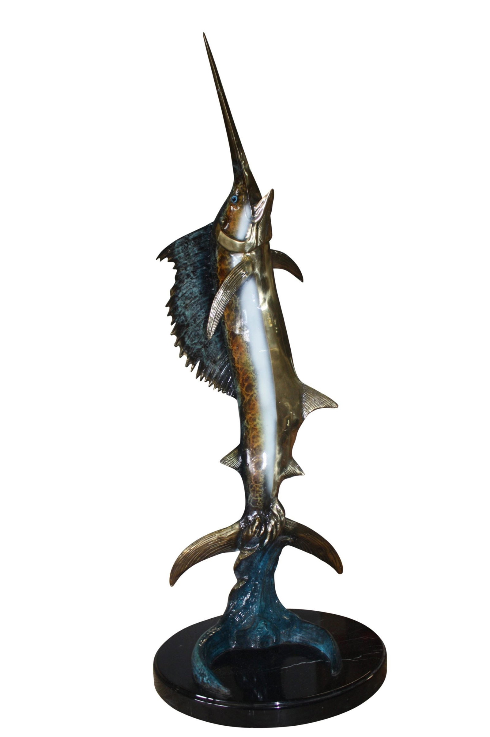 One sailfish on a marble - Bronze Statue - Size: 17"L x 17"W x 46"H.: Title:One sailfish on a marble - Bronze Statue - Size: 17"L x 17"W x 46"H. Description:This nautical Blue Water Sailfish sculpture is cast in bronze and mounted on a marble base. The coloring is made
