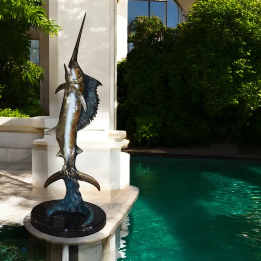 One sailfish on a marble - Bronze Statue - Size: 17"L x 17"W x 46"H. - 2