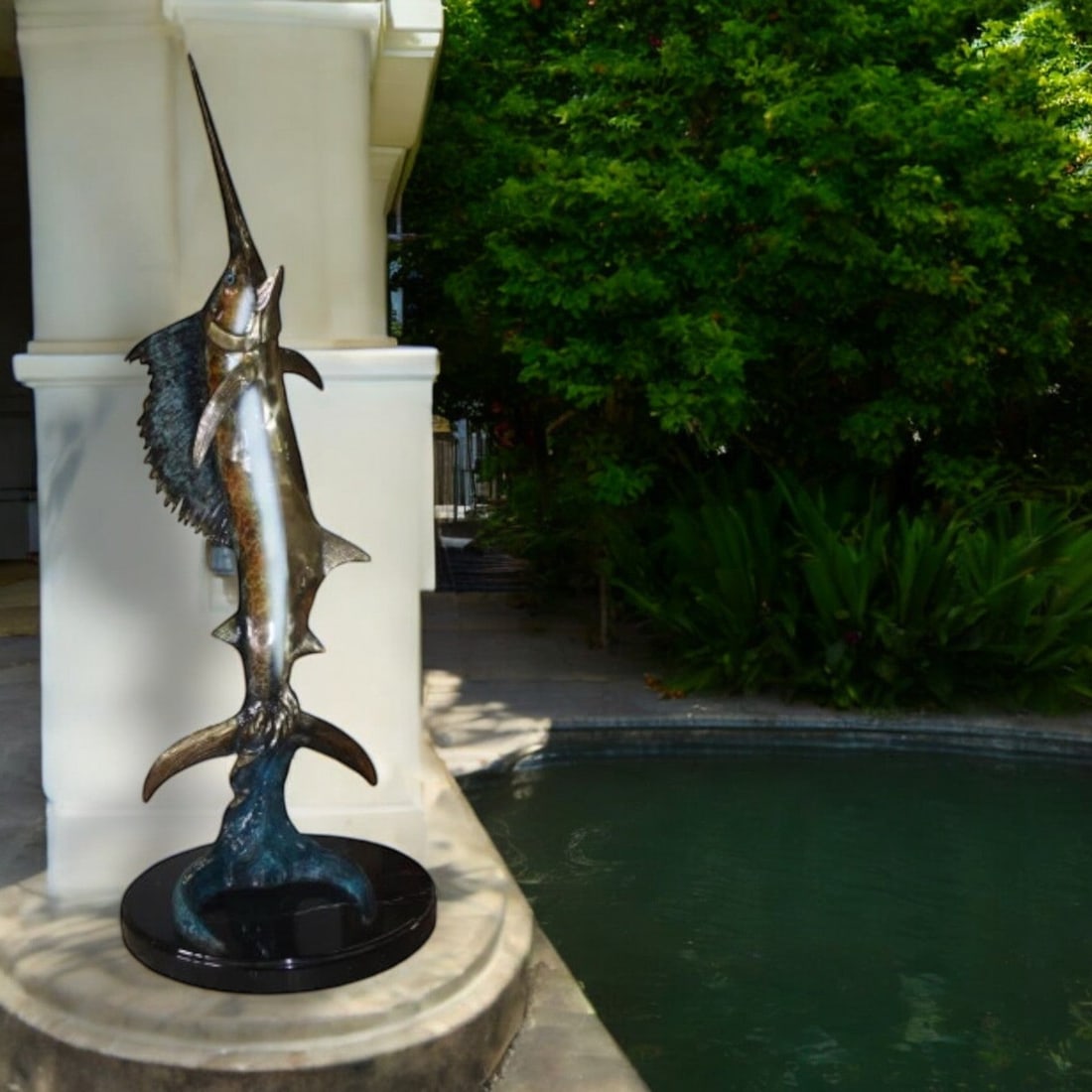 One sailfish on a marble - Bronze Statue - Size: 17"L x 17"W x 46"H. - 3