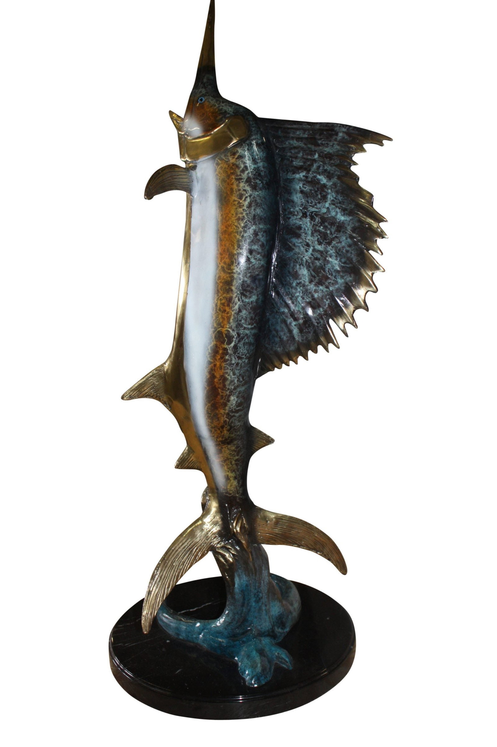 One sailfish on a marble - Bronze Statue - Size: 17"L x 17"W x 46"H. - 4