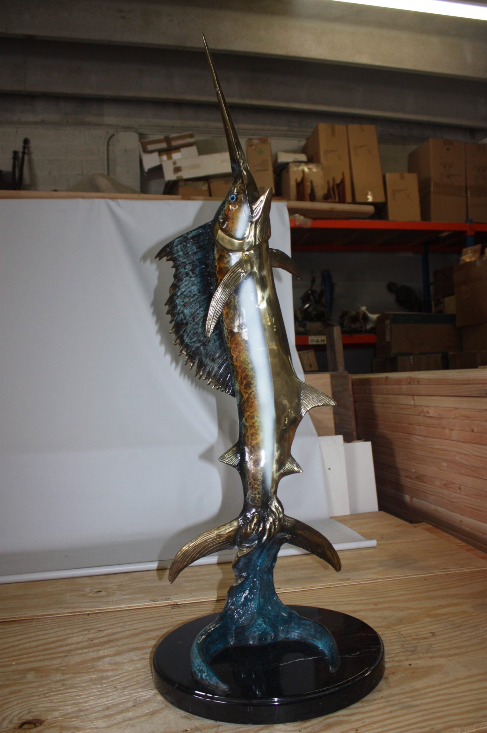 One sailfish on a marble - Bronze Statue - Size: 17"L x 17"W x 46"H. - 5