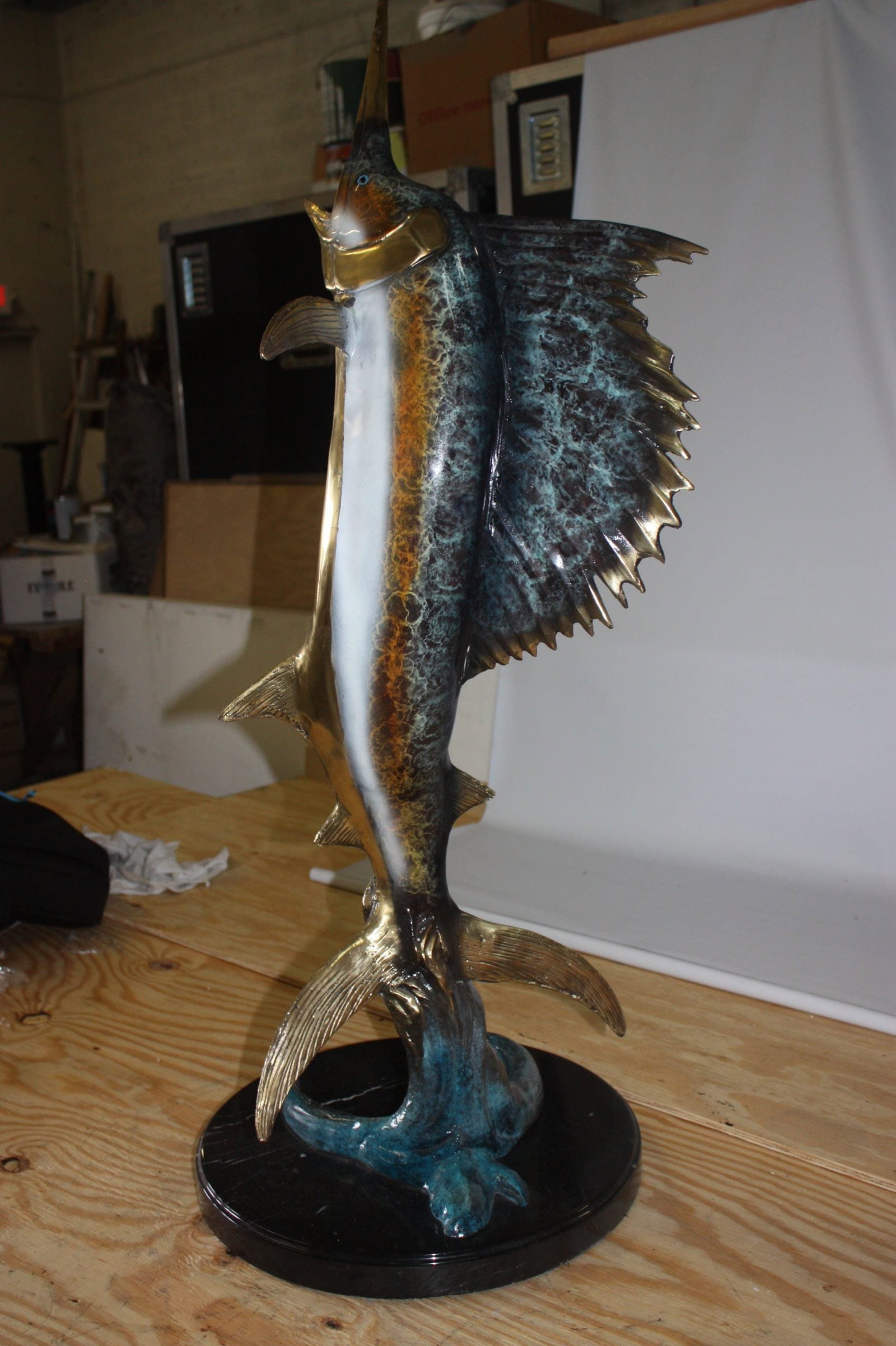 One sailfish on a marble - Bronze Statue - Size: 17"L x 17"W x 46"H. - 8