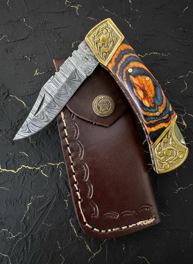 Handmade Damascus Steel Folding Knife with Brown Wood Handle Custom EDC Skinner (1 of 5)