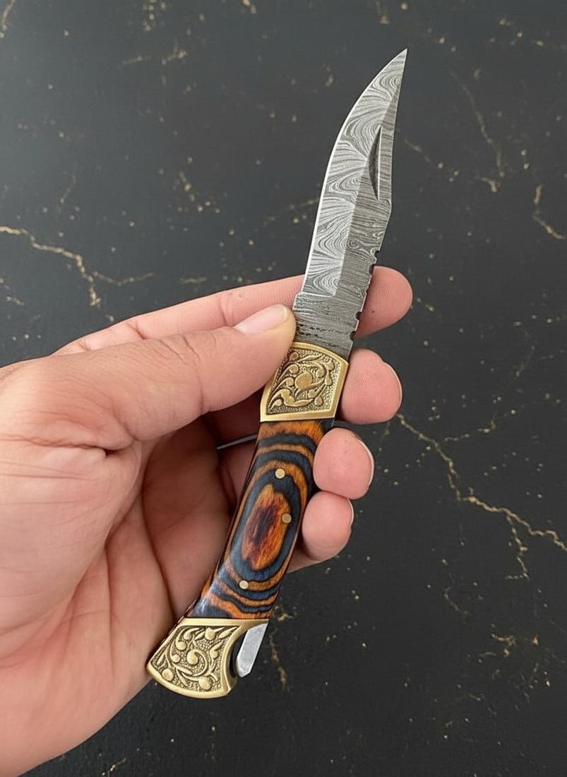 Handmade Damascus Steel Folding Knife with Brown Wood Handle Custom EDC Skinner - 3