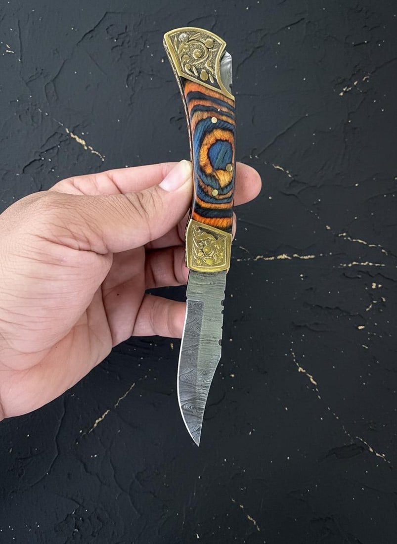 Handmade Damascus Steel Folding Knife with Brown Wood Handle Custom EDC Skinner - 4