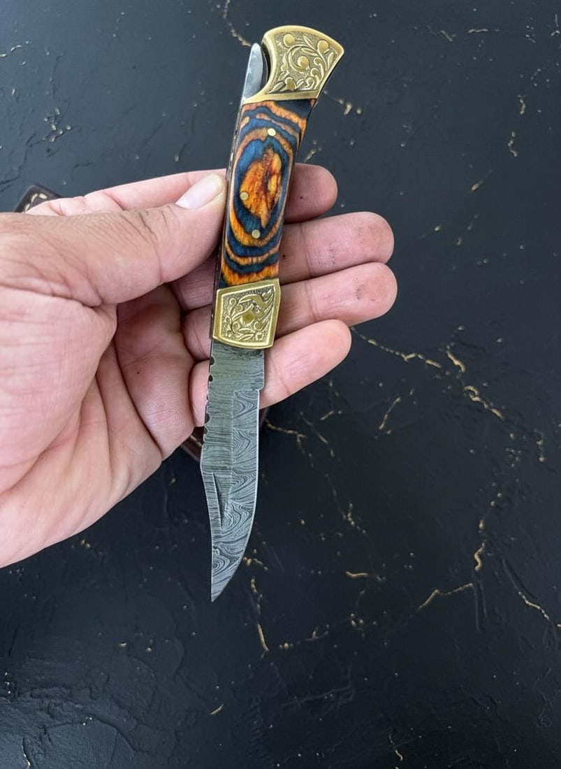 Handmade Damascus Steel Folding Knife with Brown Wood Handle Custom EDC Skinner - 5