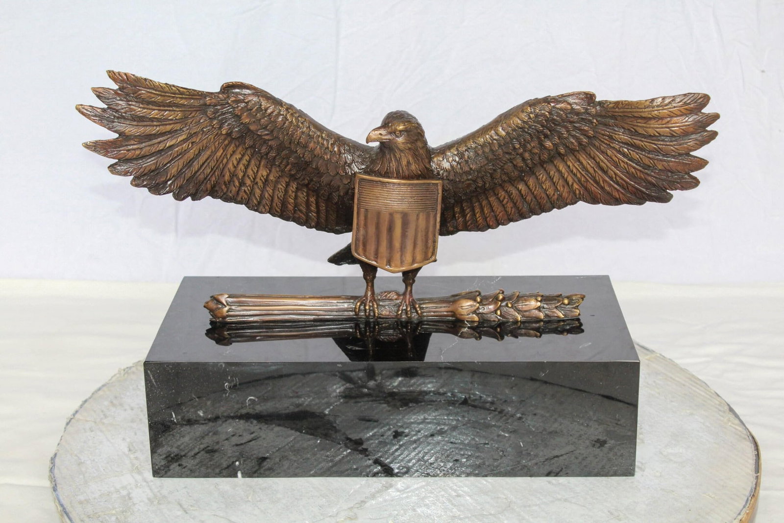 Majestic American Eagle Bronze Sculpture with Shield – Lost-Wax Cast, Classic Patina Finish, - 3