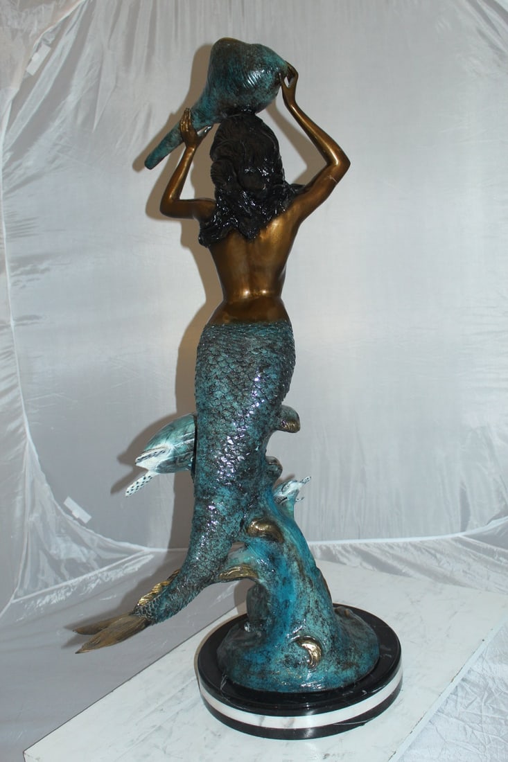 Mermaid with Two Turtles Bronze Fountain Statue – Handcrafted Polychrome Bronze Sculpture with - 10