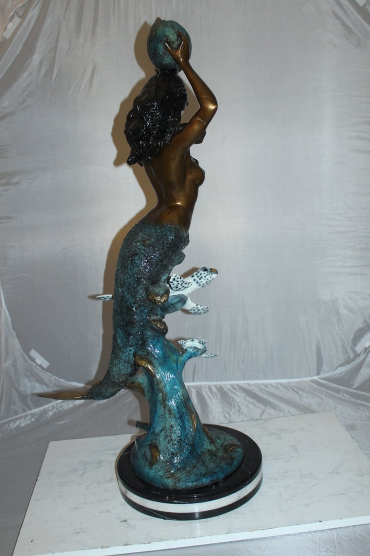 Mermaid with Two Turtles Bronze Fountain Statue – Handcrafted Polychrome Bronze Sculpture with - 11