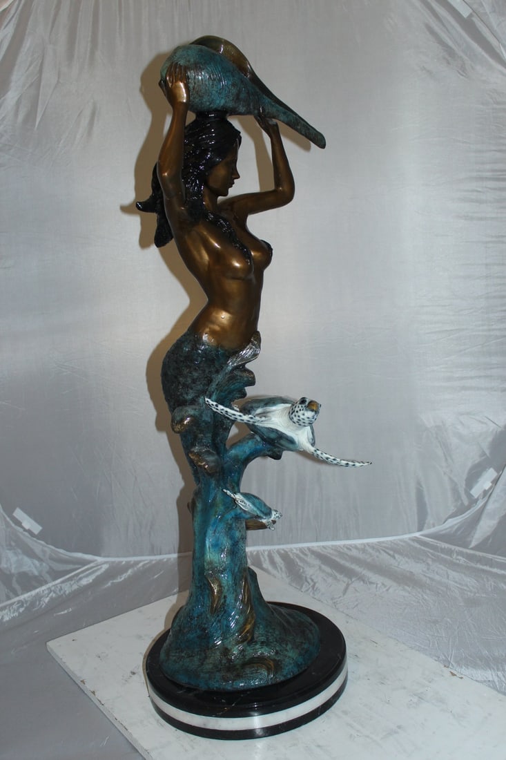 Mermaid with Two Turtles Bronze Fountain Statue – Handcrafted Polychrome Bronze Sculpture with - 12