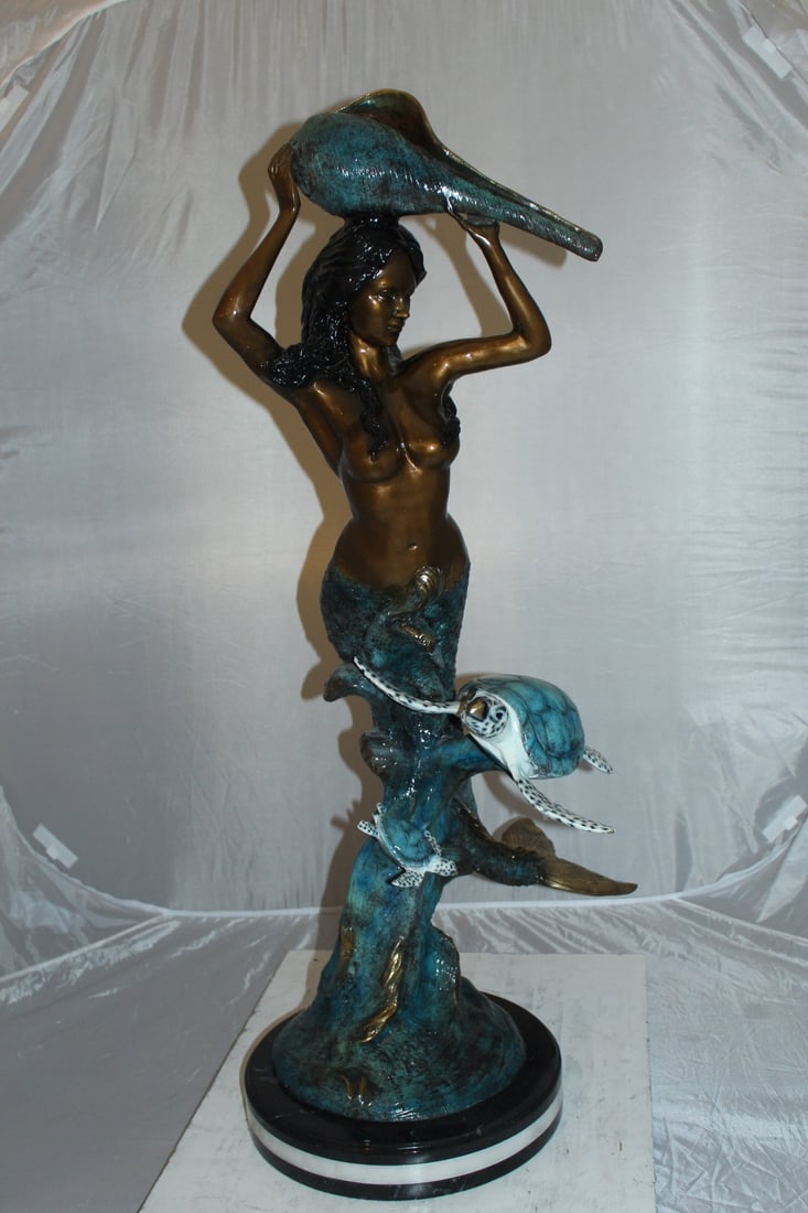 Mermaid with Two Turtles Bronze Fountain Statue – Handcrafted Polychrome Bronze Sculpture with - 13