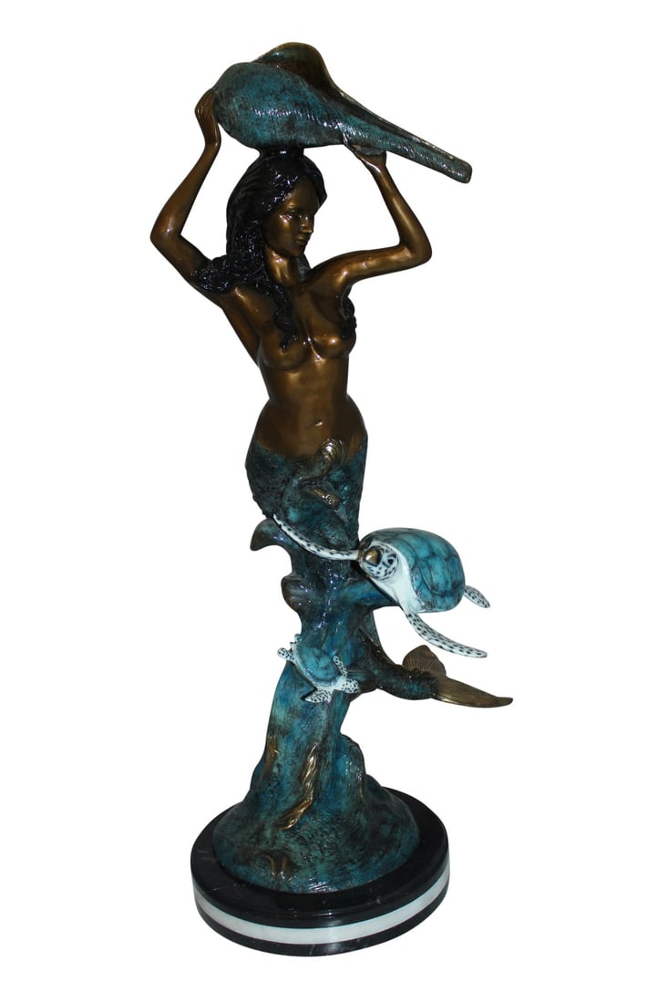 Mermaid with Two Turtles Bronze Fountain Statue – Handcrafted Polychrome Bronze Sculpture with (1 of 14)