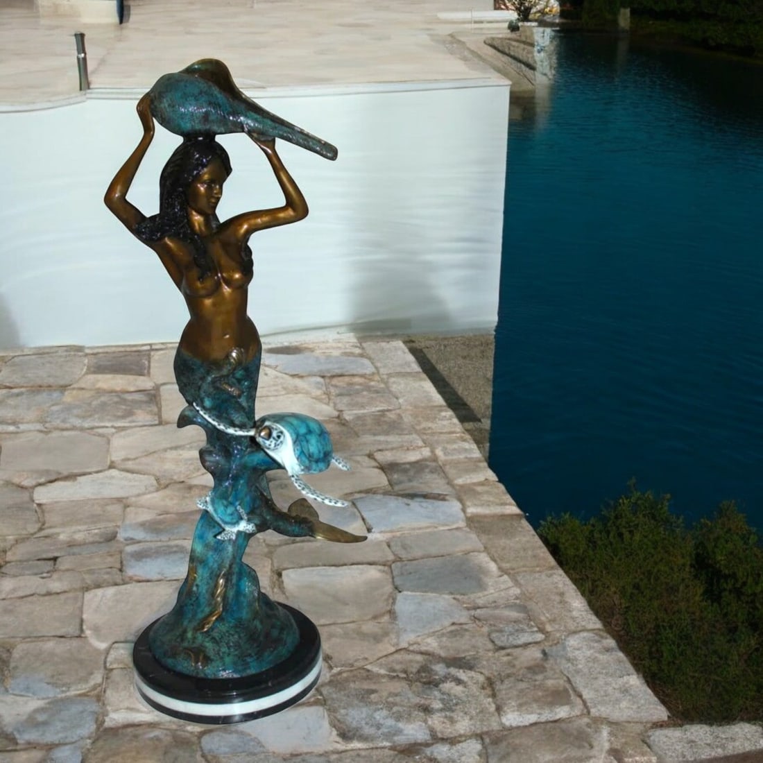 Mermaid with Two Turtles Bronze Fountain Statue – Handcrafted Polychrome Bronze Sculpture with - 2