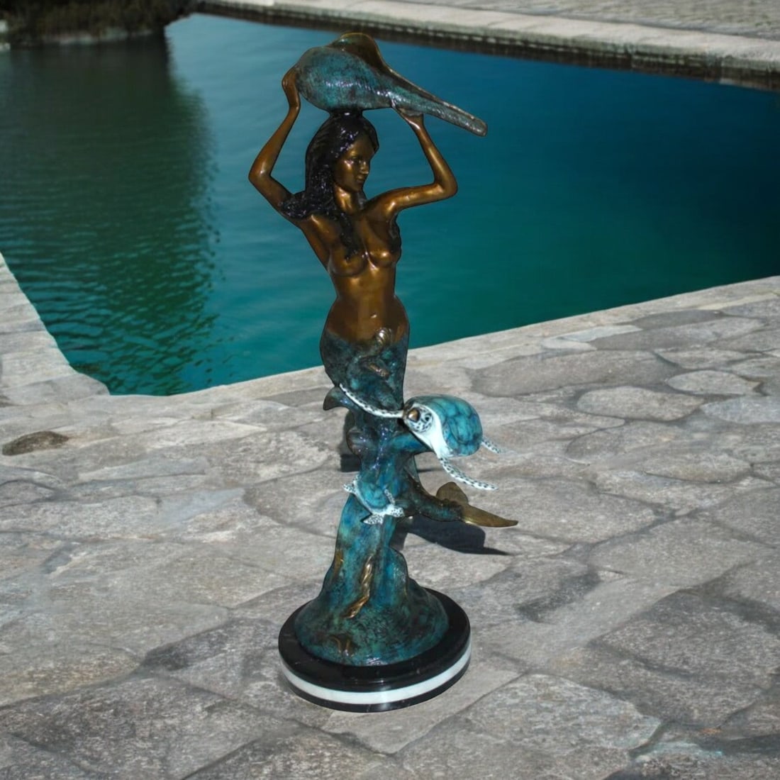 Mermaid with Two Turtles Bronze Fountain Statue – Handcrafted Polychrome Bronze Sculpture with - 3