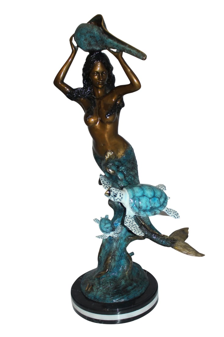 Mermaid with Two Turtles Bronze Fountain Statue – Handcrafted Polychrome Bronze Sculpture with - 4