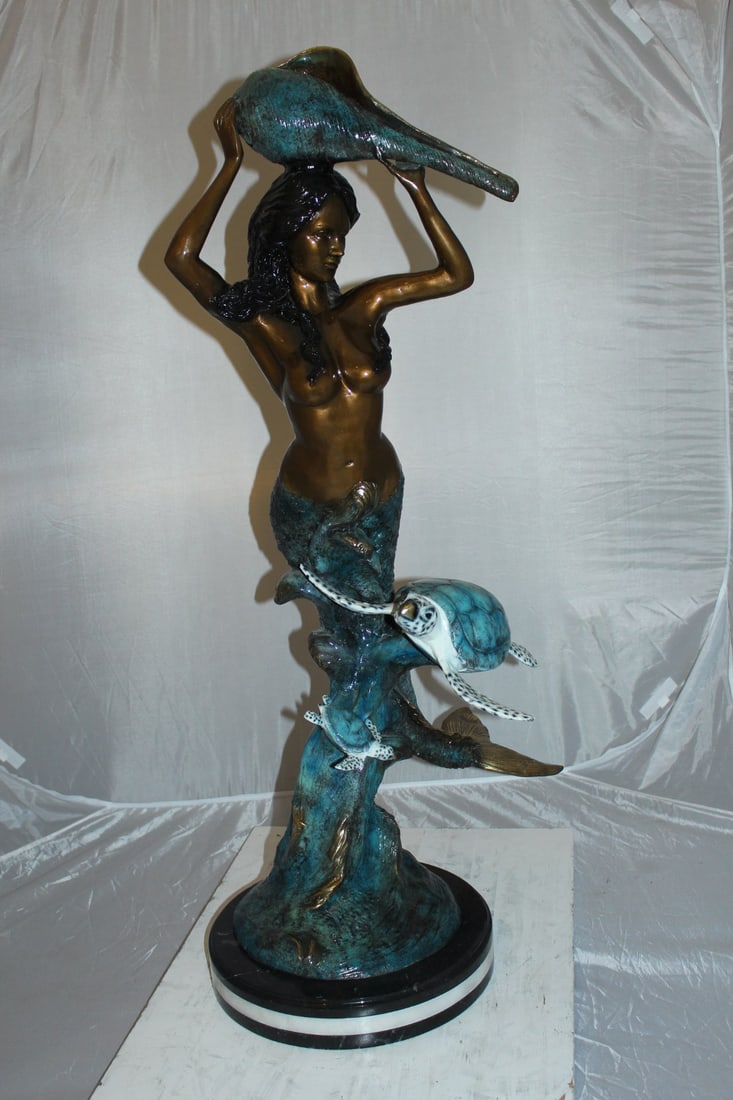 Mermaid with Two Turtles Bronze Fountain Statue – Handcrafted Polychrome Bronze Sculpture with - 5