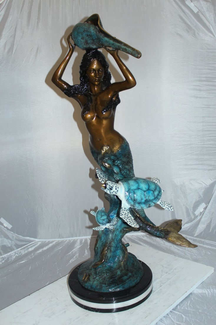 Mermaid with Two Turtles Bronze Fountain Statue – Handcrafted Polychrome Bronze Sculpture with - 6