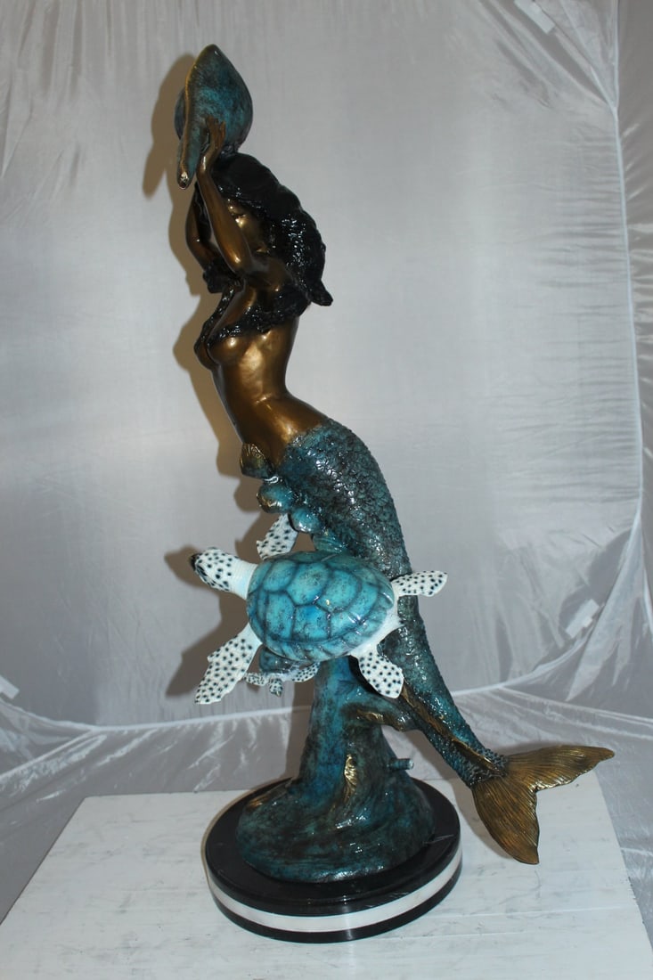 Mermaid with Two Turtles Bronze Fountain Statue – Handcrafted Polychrome Bronze Sculpture with - 7
