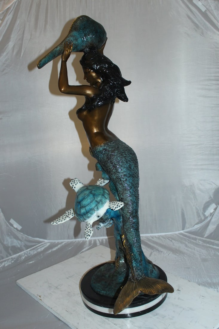 Mermaid with Two Turtles Bronze Fountain Statue – Handcrafted Polychrome Bronze Sculpture with - 8
