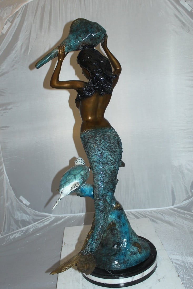 Mermaid with Two Turtles Bronze Fountain Statue – Handcrafted Polychrome Bronze Sculpture with - 9