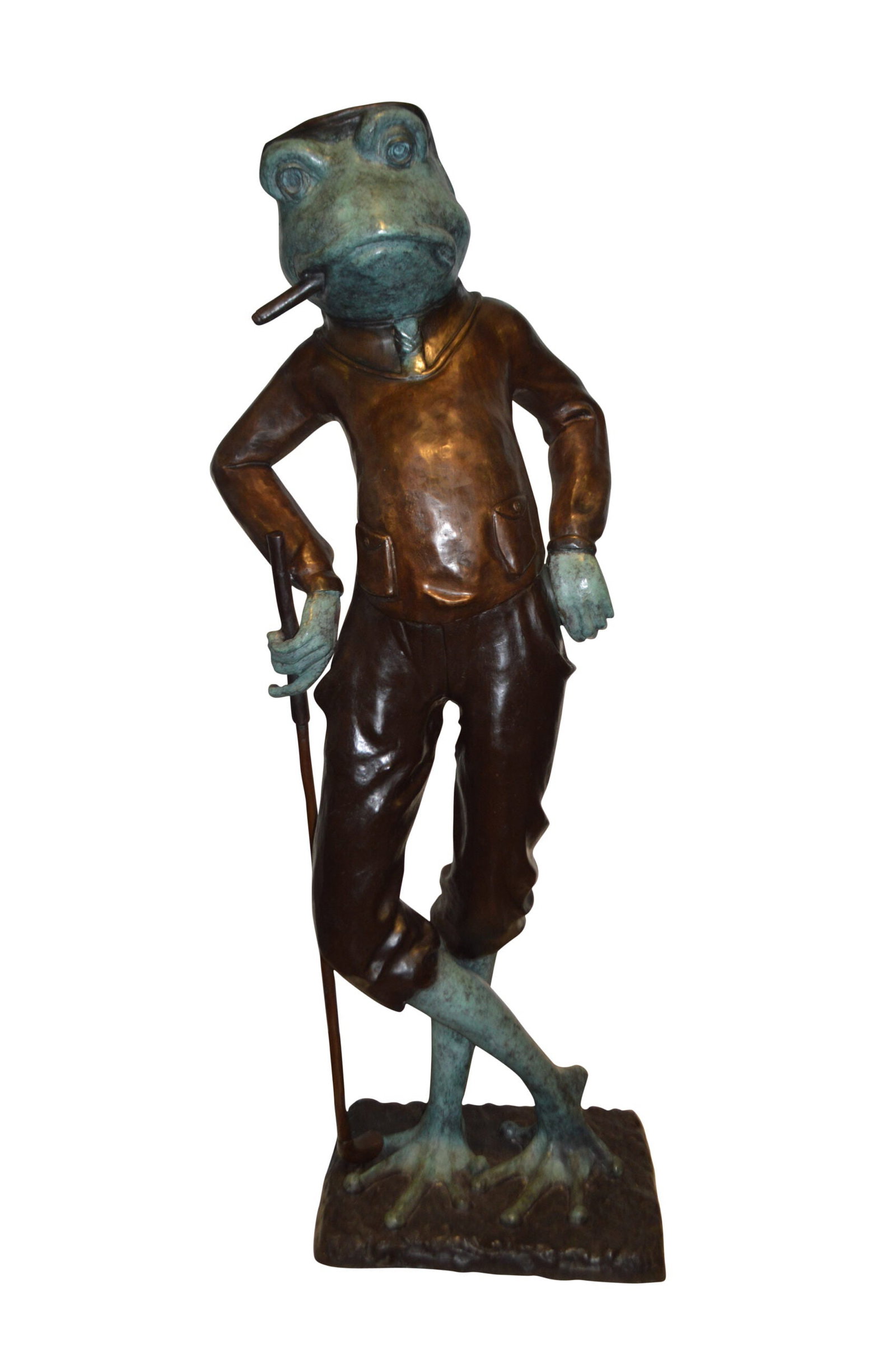 Frog With Cigar Plays Golf Bronze Statue - Size: 24"L x 15"W x 64"H.: Title:Frog With Cigar Plays Golf Bronze Statue - Size: 24"L x 15"W x 64"H. Description:When you see this comical, piped bronze statue of a large frog smoking cigar while playing golf, it might just ma