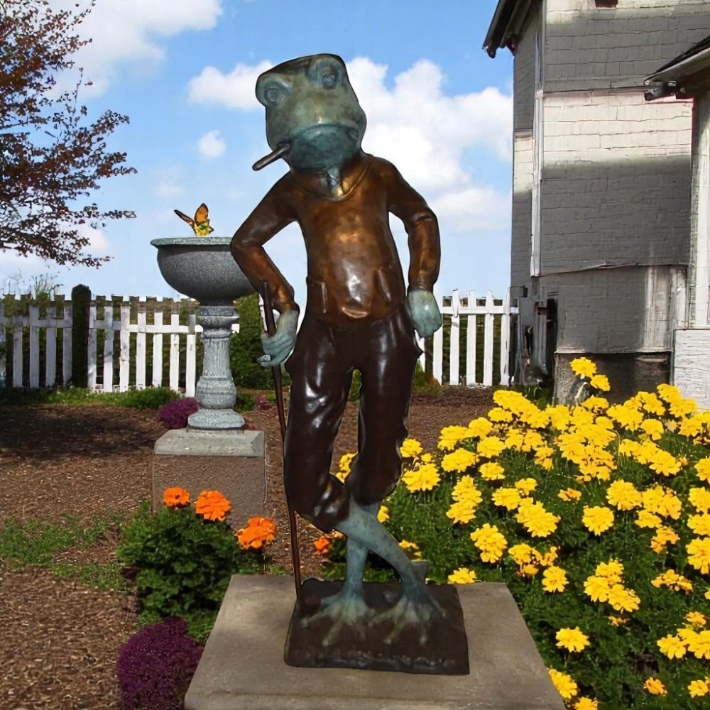 Frog With Cigar Plays Golf Bronze Statue - Size: 24"L x 15"W x 64"H. - 2
