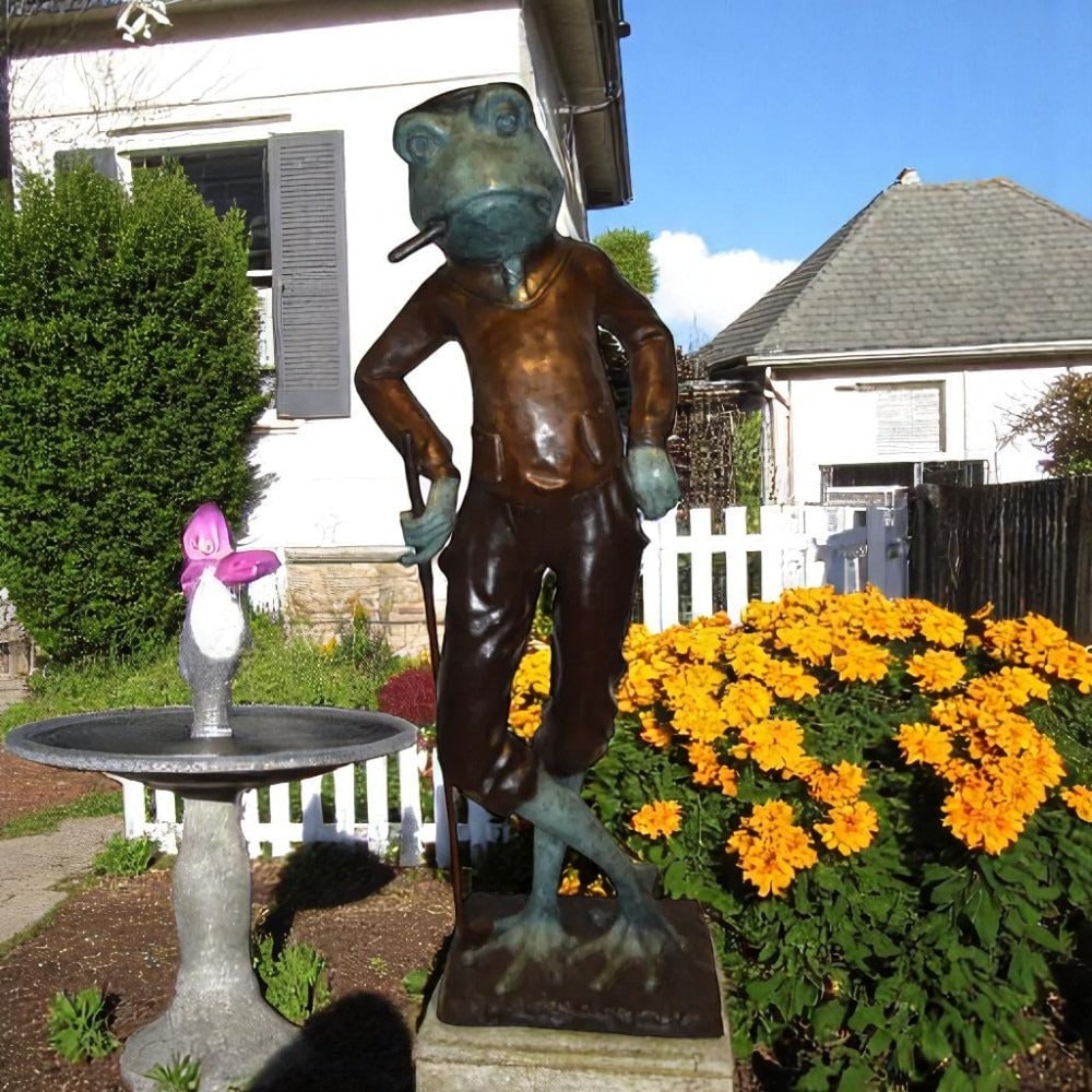 Frog With Cigar Plays Golf Bronze Statue - Size: 24"L x 15"W x 64"H. - 3