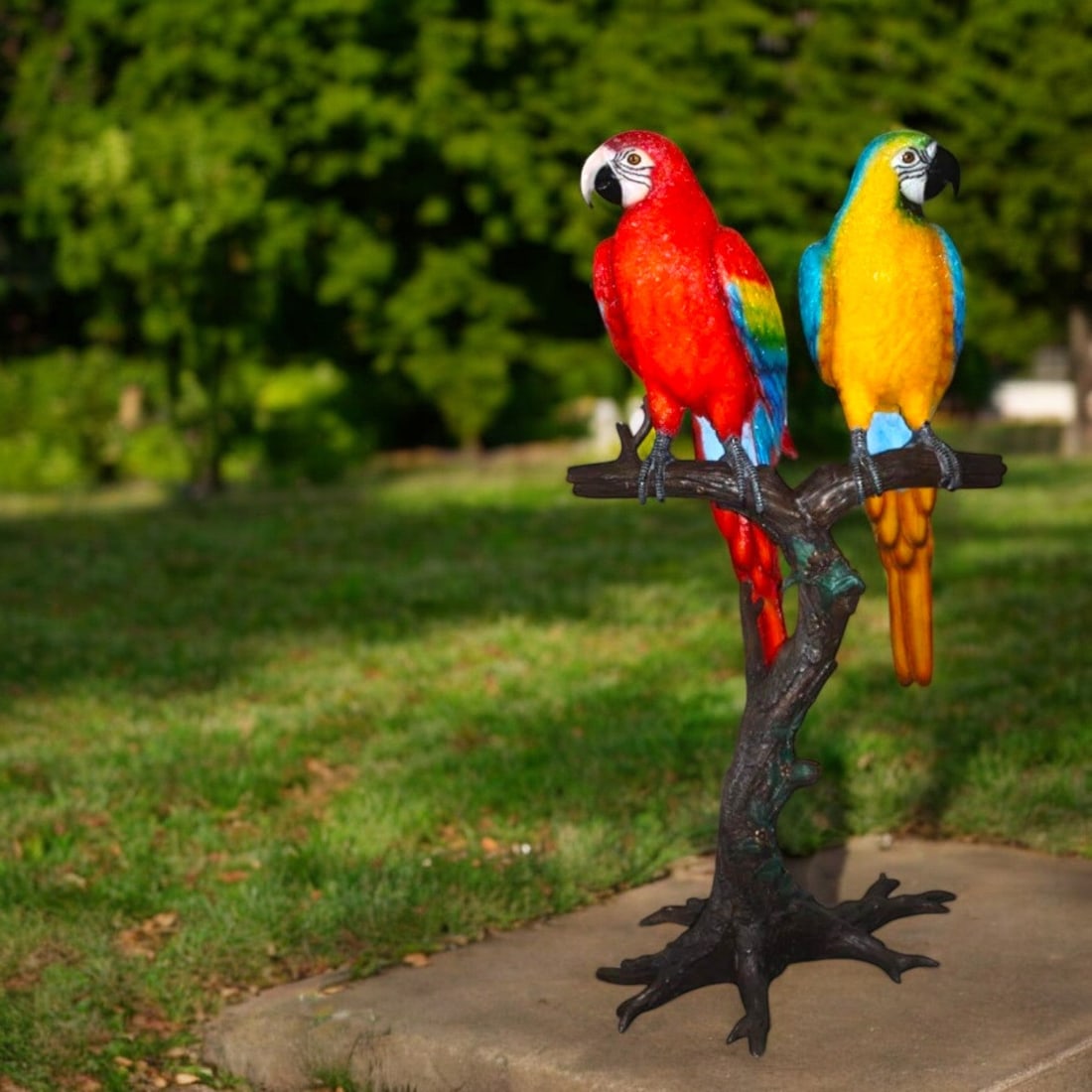 Two Large Parrots On A Tree | Bronze Statue: Title:Two Large Parrots On A Tree | Bronze Statue Description:A pair of life-size parrots made of bronzed metal perched on a stand with hand-painted finish. This extraordinary sculpture features a rea