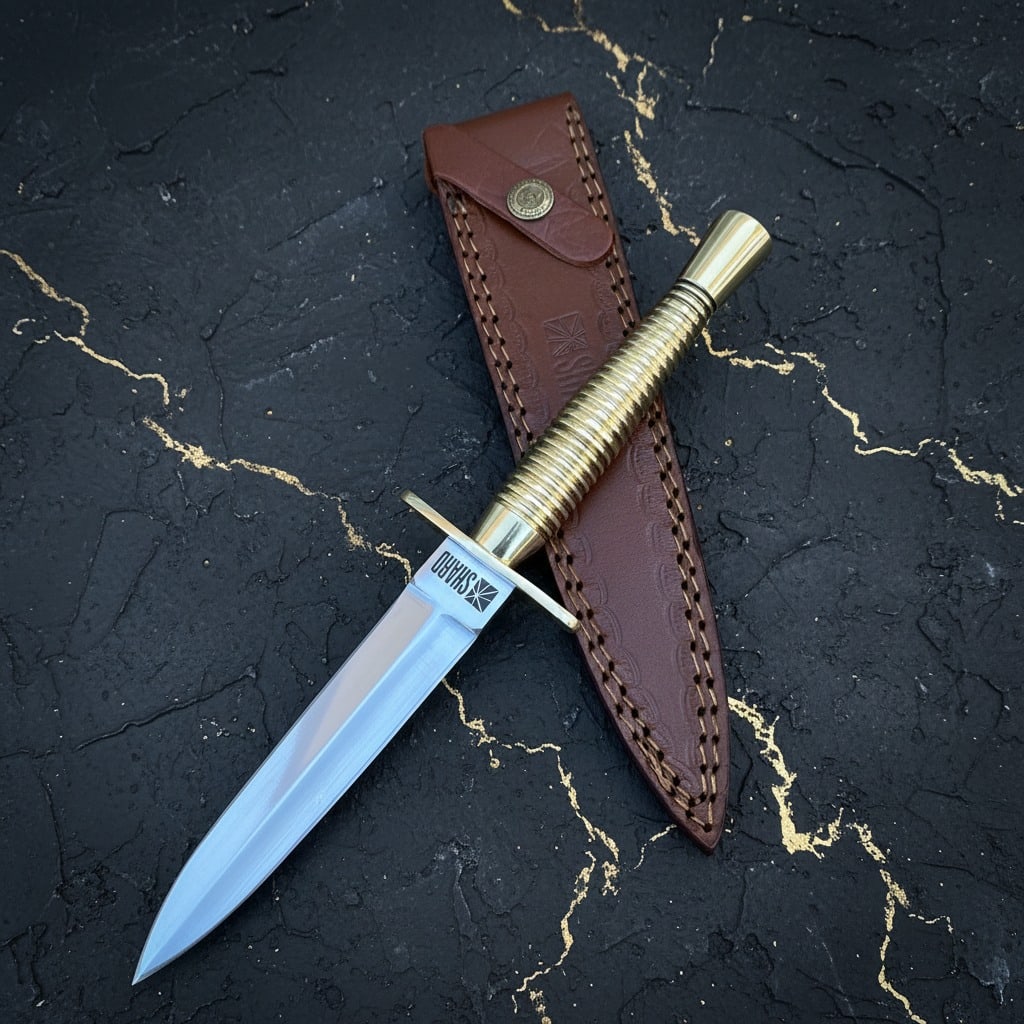 WW2 Era Double-Edged V42 Military Combat Dagger With Leather Sheath: Title:WW2 Era Double-Edged V42 Military Combat Dagger With Leather Sheath Description:This historically accurate replica of the V-42 military stiletto dagger is based on the trademark weapon of the Fi