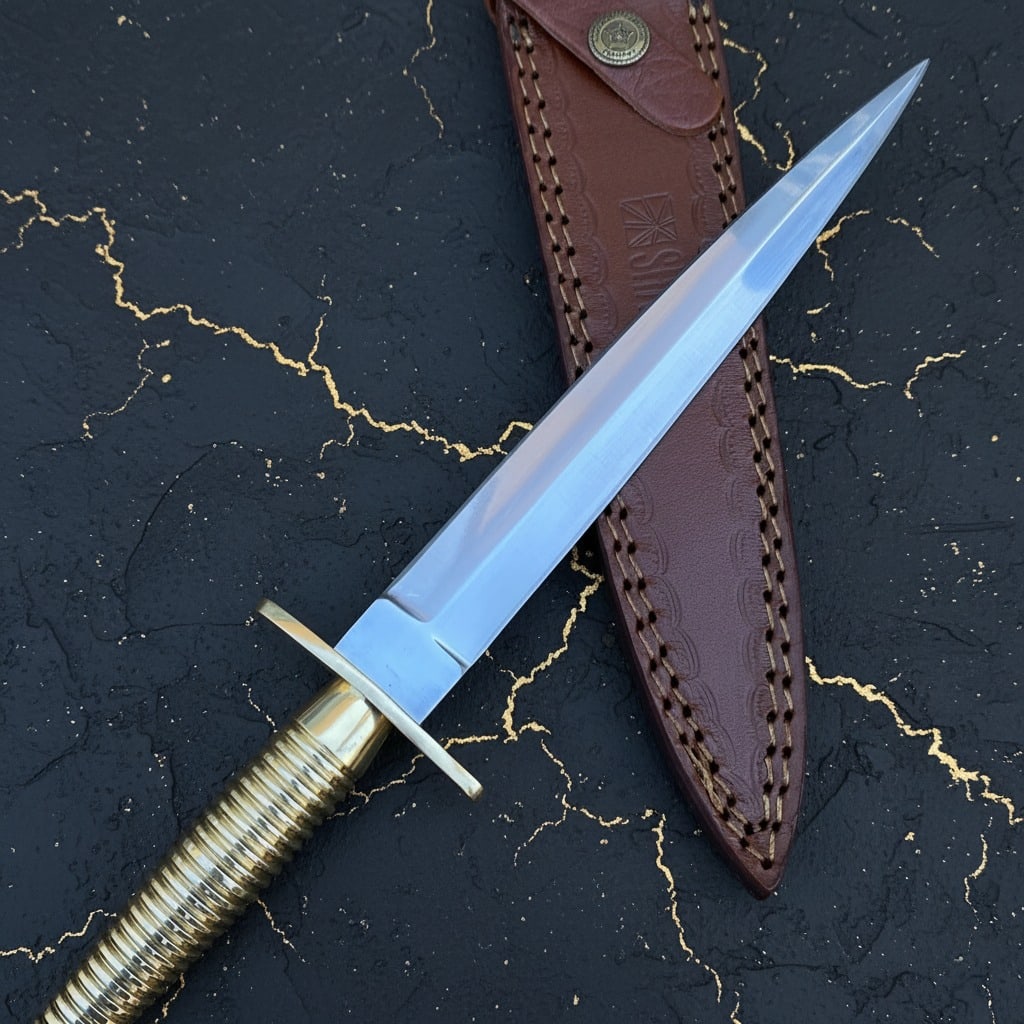 WW2 Era Double-Edged V42 Military Combat Dagger With Leather Sheath - 4