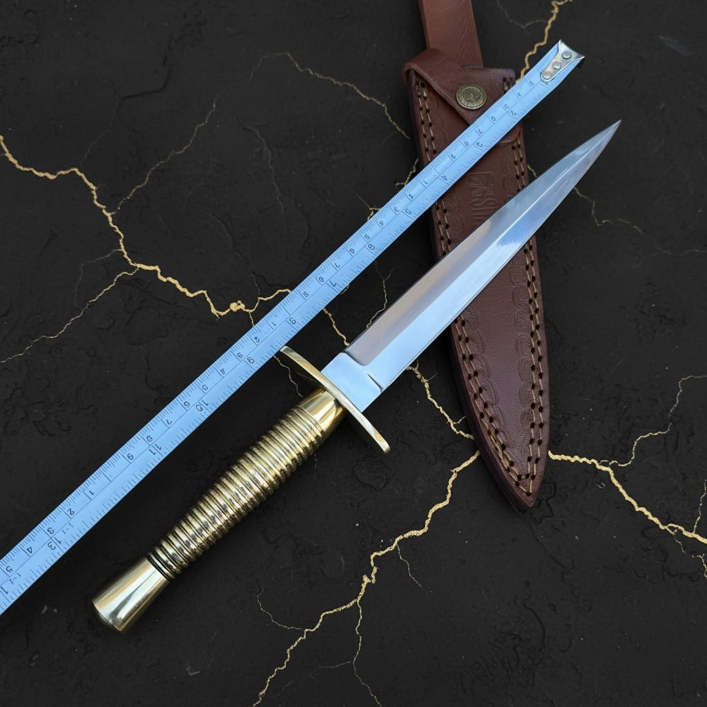 WW2 Era Double-Edged V42 Military Combat Dagger With Leather Sheath - 5