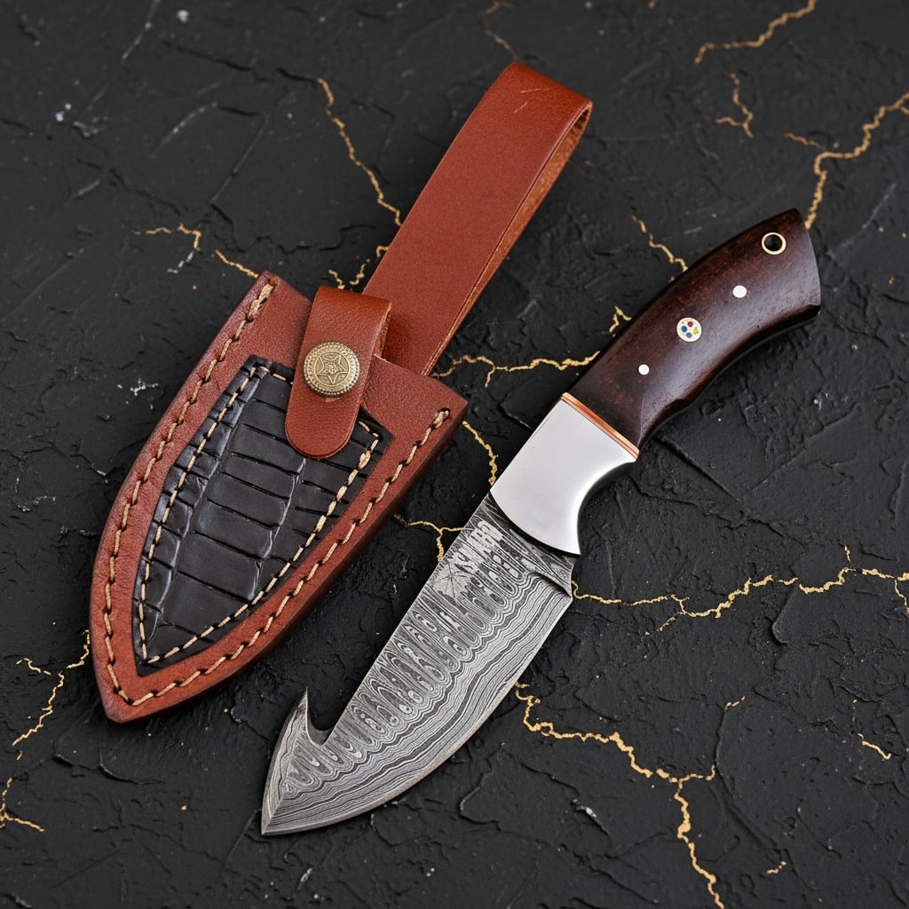 Damascus Steel Gut Hook Skinning Knife Fixed Blade Hunting Tool (1 of 5)