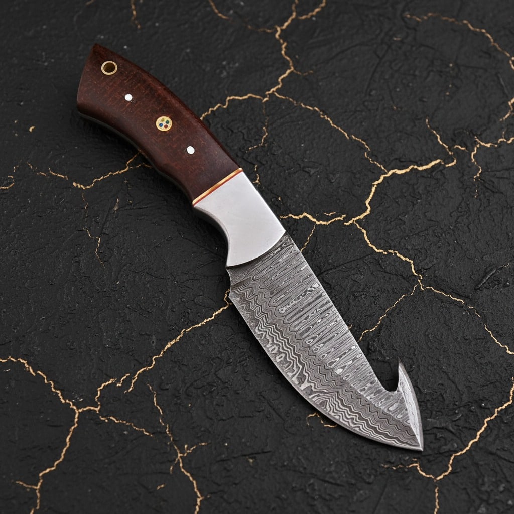 Damascus Steel Gut Hook Skinning Knife Fixed Blade Hunting Tool - 2
