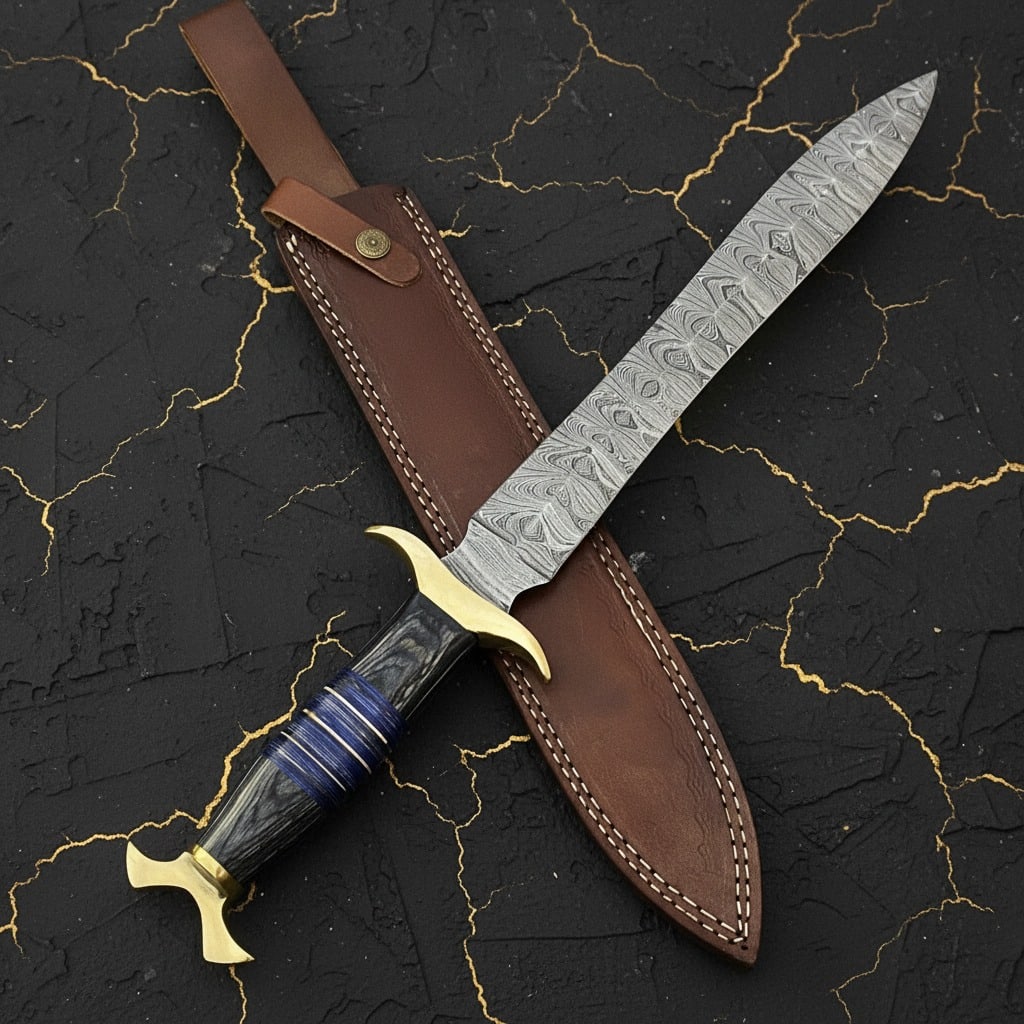 Handmade Damascus Steel Bowie Hunting Knife Large Fixed Blade with Sheath - 7