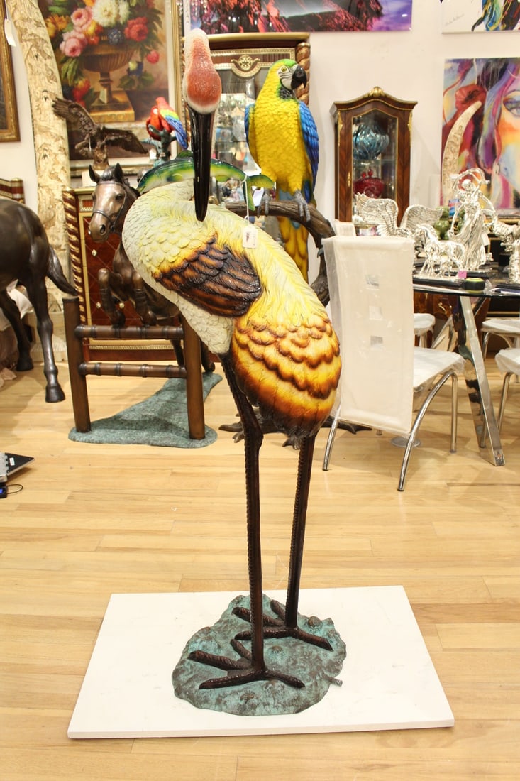 Crane Fountain Head Down Fountain Bronze Statue - Size: 23"L x 17"W x 56"H - 2
