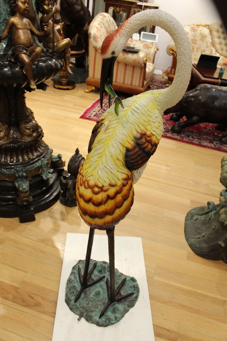 Crane Fountain Head Down Fountain Bronze Statue - Size: 23"L x 17"W x 56"H - 9