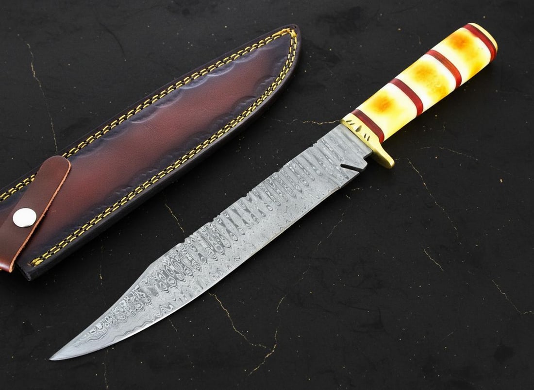 Burnt Camel Bone Handle Bowie Knife with 15" Ladder Damascus Steel Hunting Blade: Title:Burnt Camel Bone Handle Bowie Knife with 15" Ladder Damascus Steel Hunting Blade Description:Discover a masterfully crafted Bowie knife, designed for the serious hunter and outdoor enthusiast.