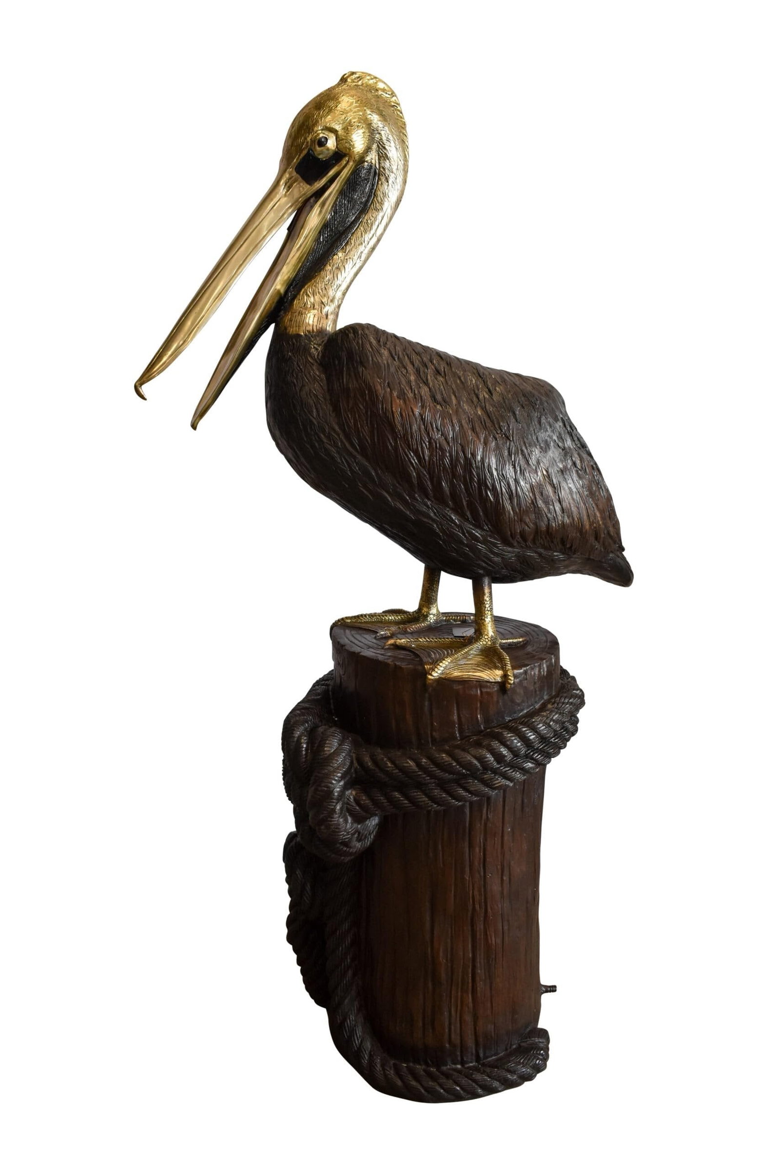 Pelican on Tree Stump Bronze Statue Fountain 43" x 24" x 76"H: Title:Pelican on Tree Stump Bronze Statue Fountain 43" x 24" x 76"H Description:This bronze statue fountain is elegant, practical, and creative! The fountain will come out of the pelican beak, making 