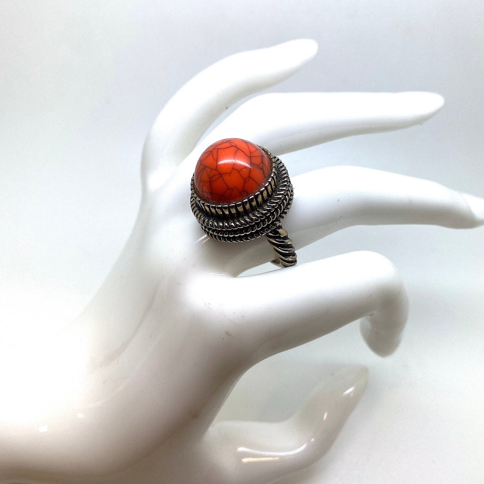 Old ring with coral: Title: Old ring with coral Maker:Unknown Origin: Unknown Date/Period:Unknown Materials:Coral Size:Size: 22 x 22 x 35 mm Description:Old ring with coralSize: 22 x 22 x 35 mmWeight: 11 g (please see
