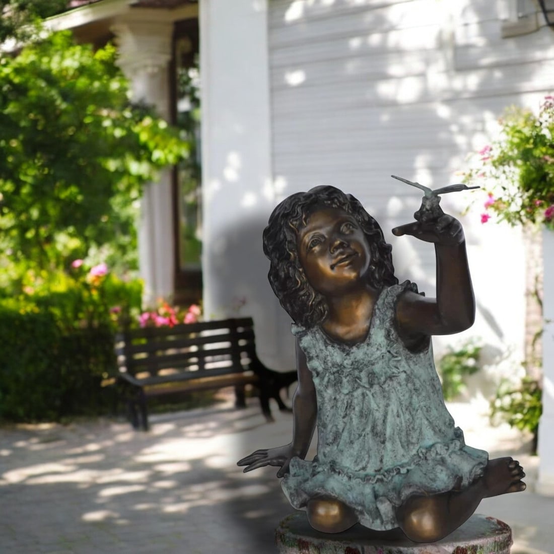 Girl Playing With Butterfly Bronze Statue - Size: 21"L x 15"W x 19"H.: Title:Girl Playing With Butterfly Bronze Statue - Size: 21"L x 15"W x 19"H. Description:This charming life size statue of a girl playing outside with a butterfly, depicts childhood play and spend