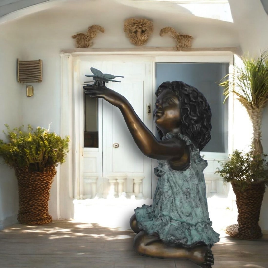 Girl Playing With Butterfly Bronze Statue - Size: 21"L x 15"W x 19"H. - 2