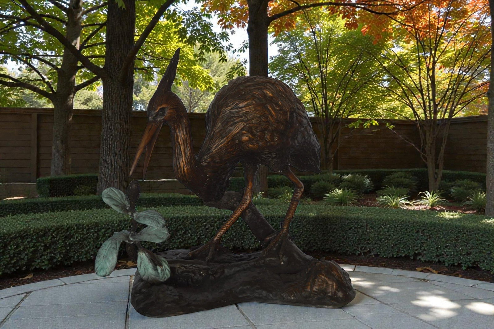 Crane on a Tree Bronze Statue - Size: 24"L x 20"W x 21"H. - 2
