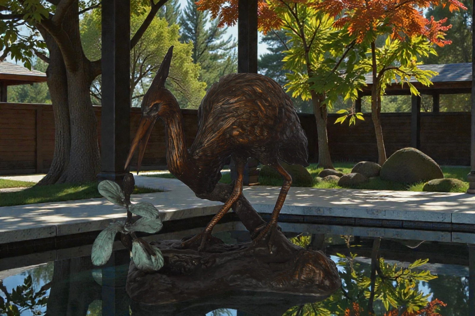 Crane on a Tree Bronze Statue - Size: 24"L x 20"W x 21"H. - 3