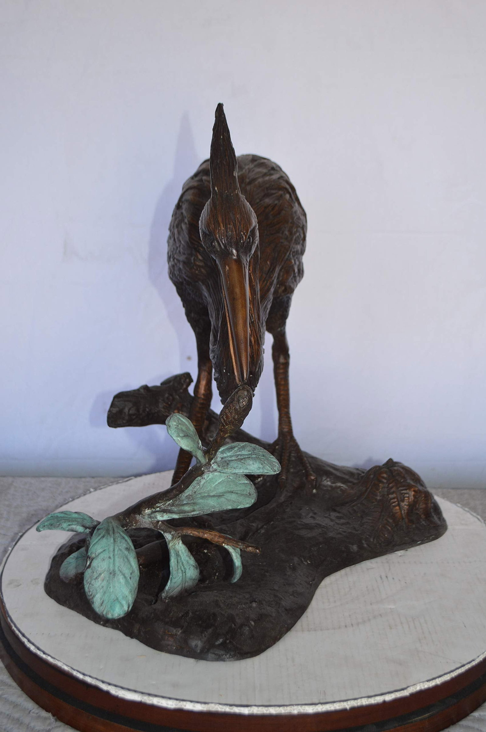 Crane on a Tree Bronze Statue - Size: 24"L x 20"W x 21"H. - 5